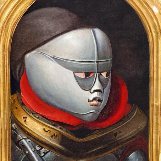 Prompt: a realistic painting by Raffaello Sanzi depicting the knight in shining armor with the head of the Blob in the Renaissance.