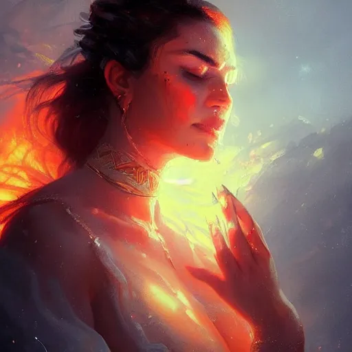 Image similar to a beautiful portrait of a fire goddess with closed eyes by greg rutkowski and raymond swanland, trending on artstation, flaming background, ultra realistic digital art