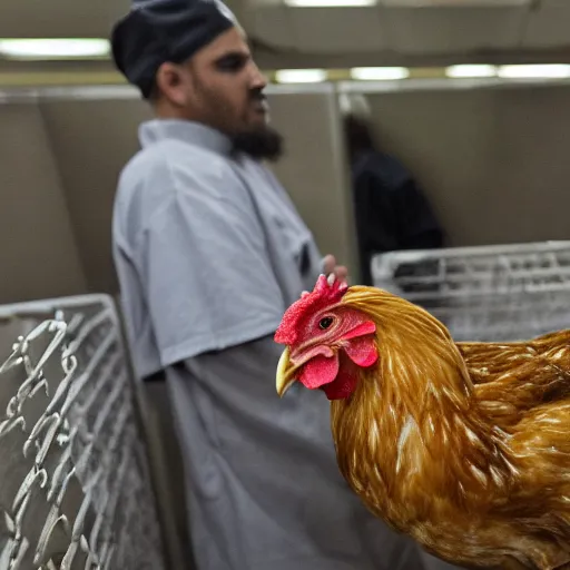 Image similar to chicken wearing as an inmate