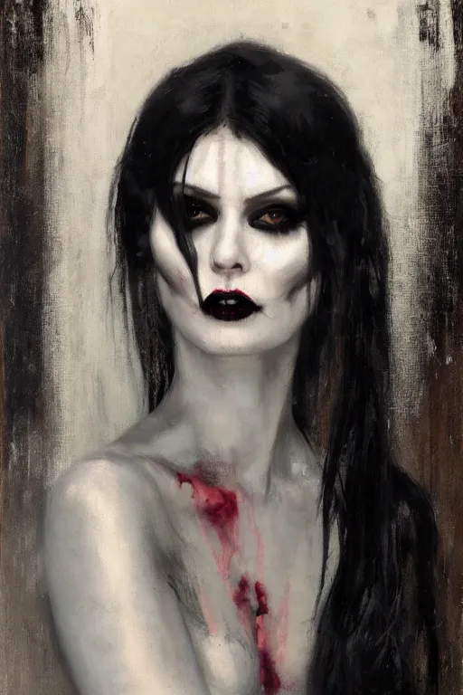 Prompt: Richard Schmid and Jeremy Lipking and Antonio Rotta full length portrait painting of a young beautiful goth punk rock vampire priestess Elvira Mistress of the Dark woman