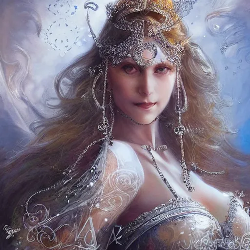 Prompt: a beautiful woman wearing a white dress made of silver with jewelry and diamonds by karol bak, ayami kojima, sakimichan, arabian blue eyes, smile, concept art, fantasy