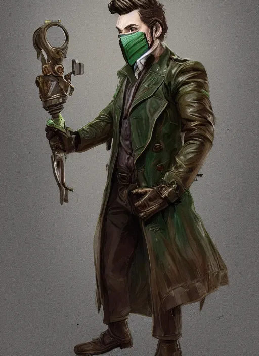 Image similar to a highly detailed illustration of thick wavy brown haired young white guy wearing brown detective trench coat and wearing dark green mask, with many long mechanical arms on his back, dramatic standing pose, intricate, elegant, highly detailed, centered, digital painting, artstation, concept art, smooth, sharp focus, league of legends concept art, WLOP