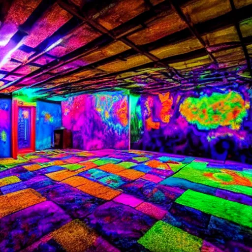 Prompt: psychadelic dmt large basement, perfect for smoking dmt, photograph 4k