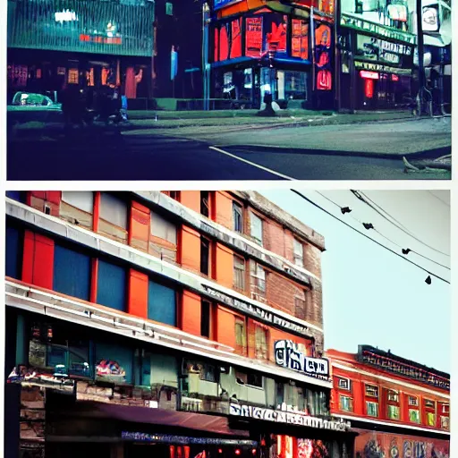 Prompt: outdoorsy guys club likes to look at the exteriors of urban architecture shot on film in technicolor:3 by darius khondji wong kar-wai night: 2 time scenes reflections through windows:2 red:4 and blue:3 lights orange:4 lights busy nightlife:2 in city scene nostalgic:3 quality