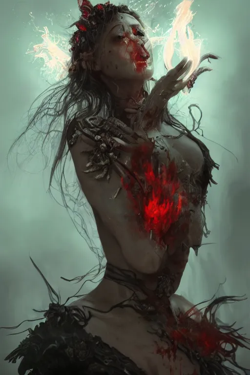 Image similar to face closeup of beautiful girl necromancer, witch - doctor covered in blood, fallen angel, diablo, 3 d render, hyper - realistic detailed portrait, holding fire and electricity, ruan jia, wlop. scifi, fantasy, magic the gathering, hyper detailed, octane render, concept art, peter mohrbacher