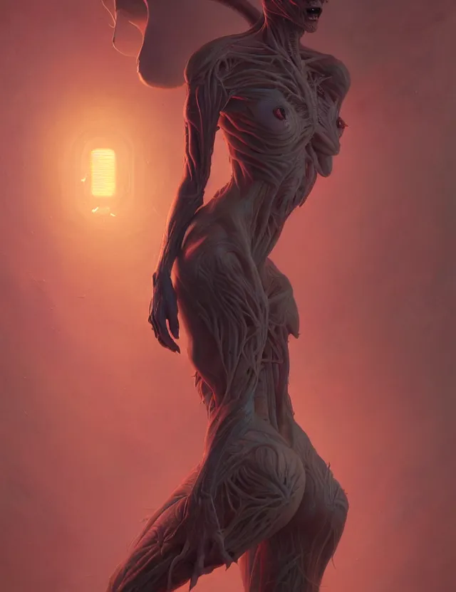 Prompt: ultra realist muted colors horror painting of a dimly lit attractive alien female and hellish creature together, very intricate details, focus, curvy figure, model pose, full frame image, artwork by tooth wu and wlop and beeple and greg rutkowski, award winning