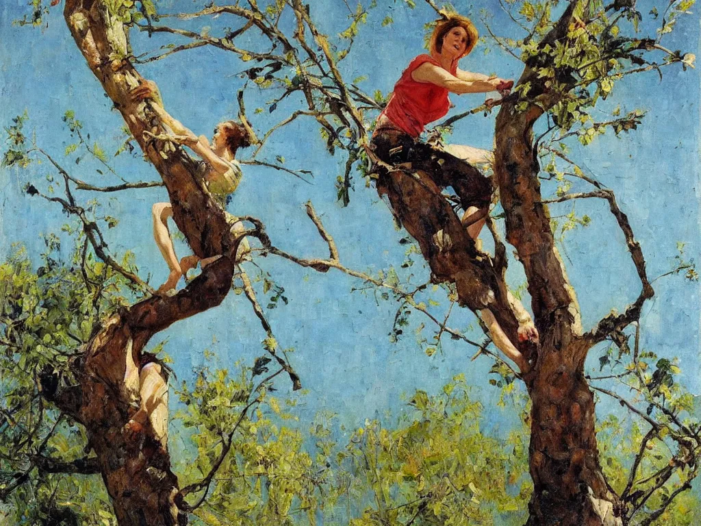 Prompt: single woman climbing a tree, 1 9 6 0, denis sarazhin, oil on canvas