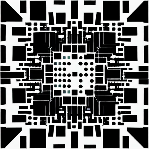 Prompt: The Microchip, tech pattern, black abstract geometry construct with white space