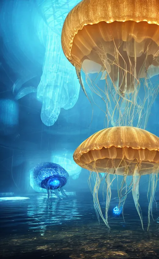 Image similar to giant glowing jellyfish made of fish with a transparent wet shell, watching over a sunken ancient city, photorealistic, 4K detailed post-processing, cinematic light, intricate detail, octane render