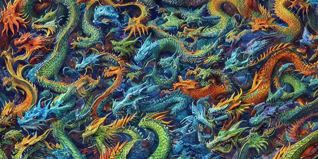 Prompt: a tessellation pattern of a thousand dragons, high quality digital painting, vibrant colors, sharp detail, artwork by ralph horsley and greg rutkowski