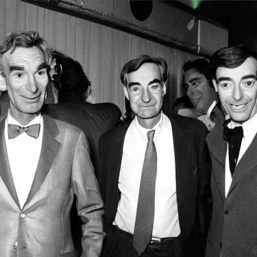 Image similar to bill nye in a nightclub with richard feynman and mr. bean