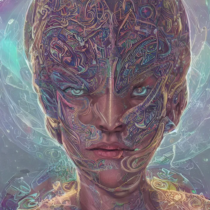 Image similar to portrait of a future metaverse ayahuasca tech shaman warrior, 2 d cartoon, visionary art, symmetric, magick symbols, holy halo, shipibo patterns, sci - fi, concept art, trending on art station, 8 k digital art, by mandy jurgens, fantasy portrait art, anime