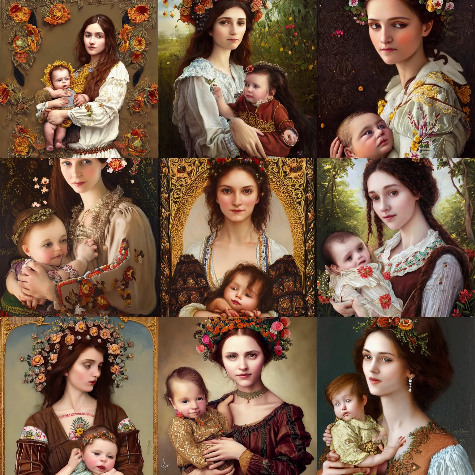 Prompt: brown haired lady with little baby in her hands, embroidered shirt, ukrainian national costume, filigree crown with textile embroidery flowers, ukrainian madonna, pre - raphaelite beautiful, playful smile, detailed portrait, intricate complexity, acryl painting, charlie bowater, tom bagshaw, alexis franklin, elena masci, pawel rebisz