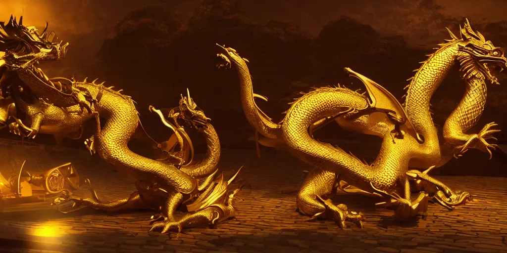 Image similar to golden dragon, unreal 5, hyperrealistic, realistic, photorealistic, dynamic lighting, highly detailed, cinematic landscape, studio landscape, studio lighting