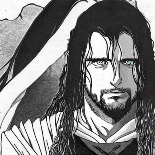 Image similar to aragorn from the anime lord of the rings (1986), looking serious, some beard, studio ghibli, very detailed, realistic