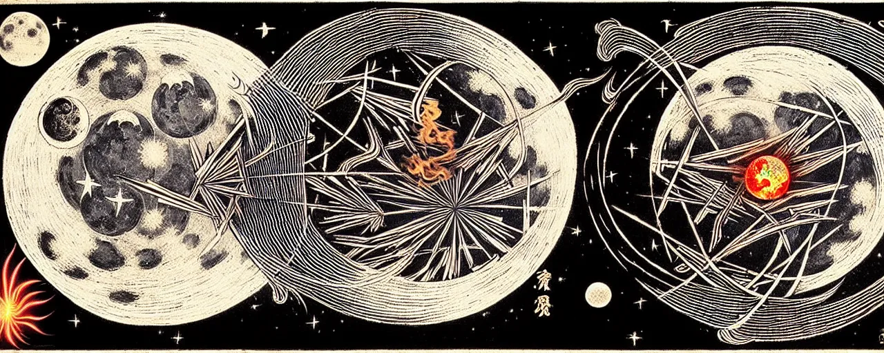 Image similar to a fiery yokai radiates a unique canto'as above so below'to the moon, while being ignited by the spirit of haeckel and robert fludd, breakthrough is iminent, glory be to the magic within, in honor of saturn, painted by ronny khalil