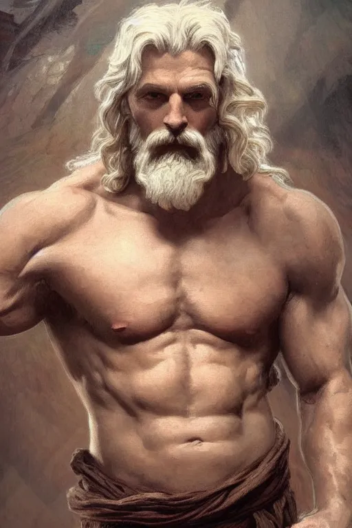 Image similar to painted portrait of rugged zeus, god of thunder, greek god, white hair, masculine, mature, handsome, upper body, muscular, hairy torso, fantasy, intricate, elegant, highly detailed, digital painting, artstation, concept art, smooth, sharp focus, illustration, art by gaston bussiere and alphonse mucha