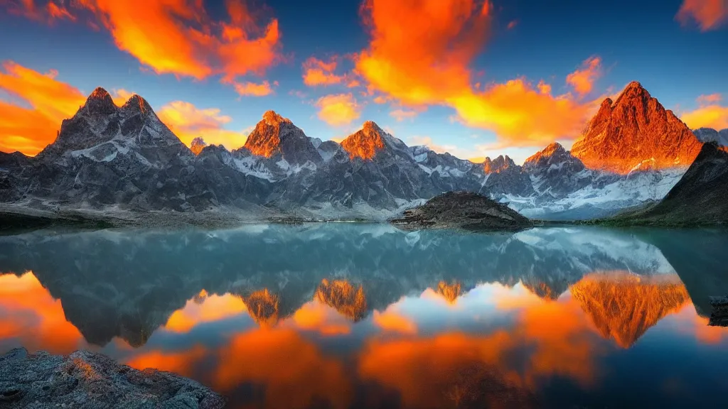 Image similar to amazing landscape photo of mountains with lake in sunset by marc adamus, beautiful dramatic lighting