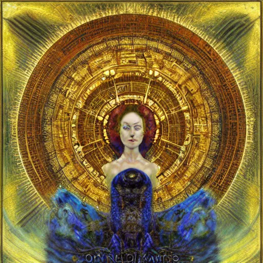 Image similar to Divine Chaos Engine portrait by Karol Bak, Jean Deville, Gustav Klimt, and Vincent Van Gogh, celestial, sacred geometry, visionary, mystic, fractal structures, ornate realistic gilded medieval icon, spirals