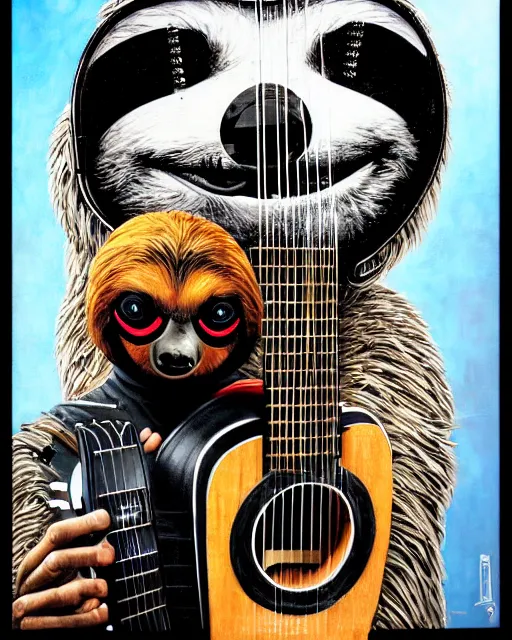 Image similar to a portrait of an anthropomorphic cyberpunk sloth strumming a 1 2 string acoustic guitar by sandra chevrier, by jon foster, detailed render, tape deck, epic composition, cybernetics, 4 k realistic, cryengine, realistic shaded lighting, sharp focus, masterpiece, by enki bilal