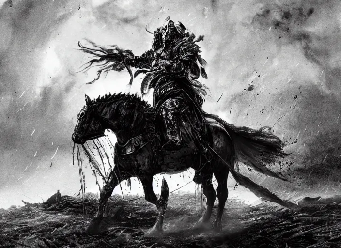 Image similar to a large man in full plate black armor splattered in blood while steaming rising from body, riding a large black horse with red glowing eyes, red shadowy wisps emanating from hair and eyes, blackened clouds cover sky crackling with lightning, rain in the distance, castle in flames and ruins, the ground is dark and cracked,