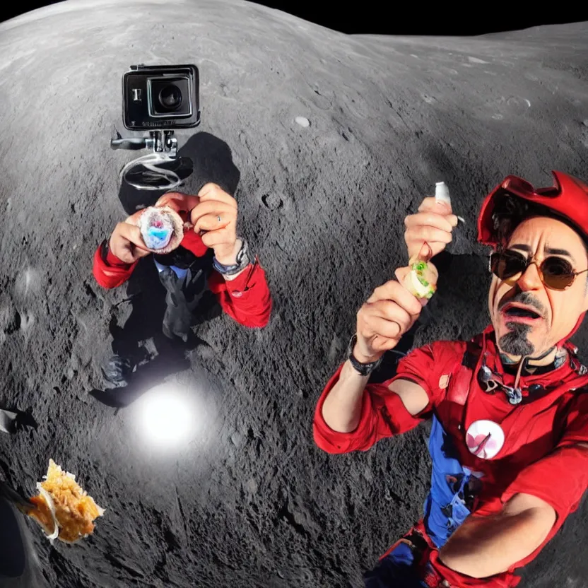 Prompt: robert downey jr eating a hot dog on the moon, dynamic lighting, gopro selfie with a fisheye lens