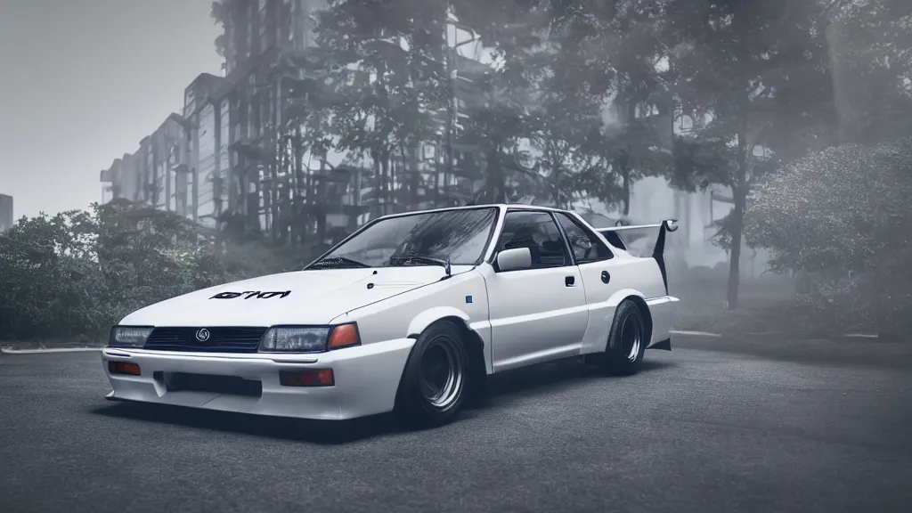 Image similar to toyota sprinter trueno 3 door gt - apex with pop - up headlights, cinematic, nikon d 7 5 0, long exposure, white balance, 8 k, led, lumen global illumination, fog, ray tracing reflections, fxaa, rtx, post - production