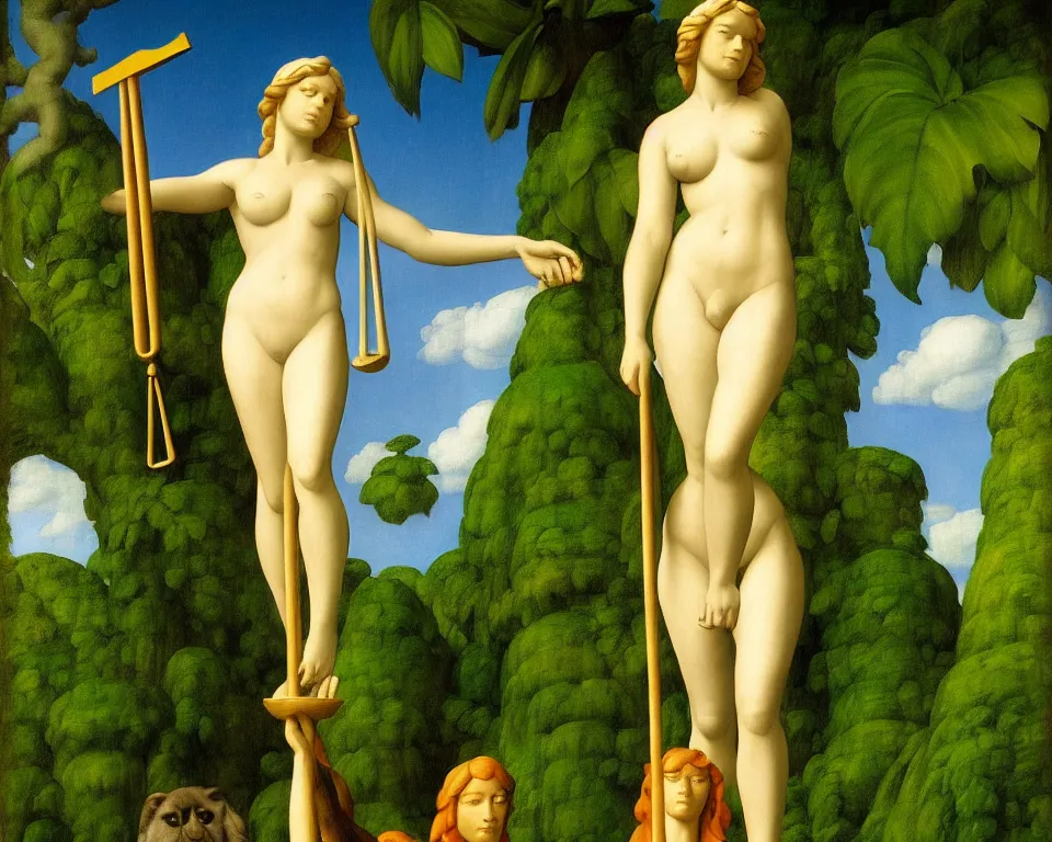 Prompt: lady justice statute in the rainforest by raphael, hopper, and rene magritte. detailed, romantic, enchanting, trending on artstation.
