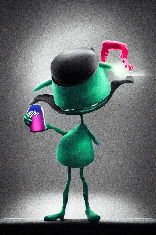 Prompt: an octane rendering of a cute alien choosing a hat to wear, on a black background., cinematic, dramatic, color grading, photojournalism, colorful, highly detailed