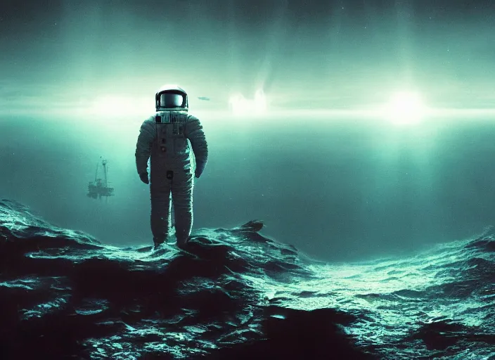 Image similar to astronaut holding a flag in an underwater desert. a submarine is visible in the distance. dark, concept art, cinematic, dramatic, atmospheric, 8 k, trending on artstation, blue, fish, low visibility, fog, ocean floor, christopher nolan, interstellar