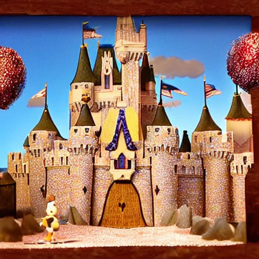 Image similar to people walking into the castle by walt disney buit made from gingerbread and stuff, live action digital art