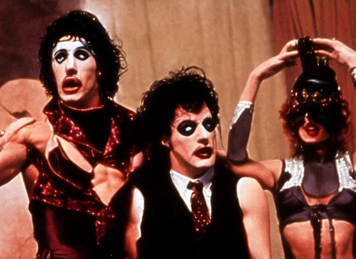 Image similar to a scene from The Rocky Horror Picture Show with Sylvester Stallone