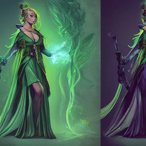 Prompt: a woman in a green dress standing holding a magic staff, a character portrait by Magali Villeneuve, featured on polycount, fantasy art, concept art, d&d, 2d game art