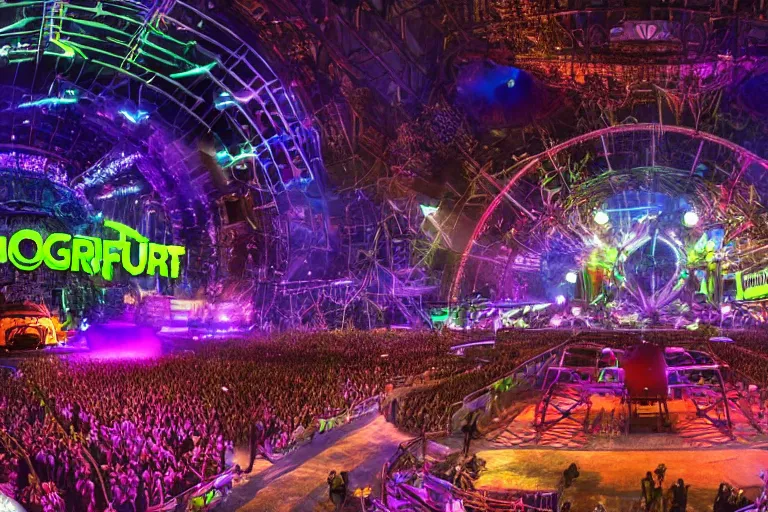 Prompt: a huge outdoor festival stage, center of the stage is a huge futuristic steampunk generators surrounded by steampunk machinery with huge loudspeakers, rock musicians on the stage, laser show, 8 k, fluorescent colors, halluzinogenic, multicolored, exaggerated detailed, unreal engine