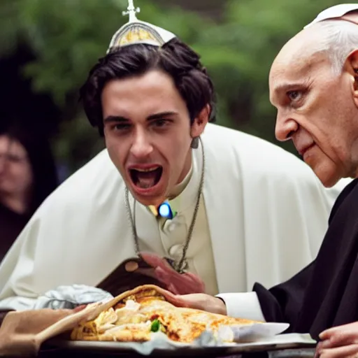 Image similar to young pope francis eating a burrito with john malkovich,