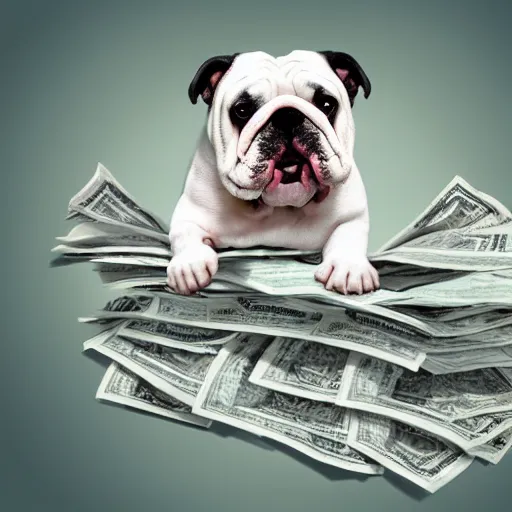 Image similar to english bulldog in bathtub with stacks of bills, artstation