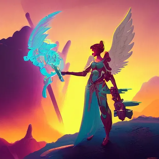 Image similar to an angelic hyperdetailed 3 d matte painting of a female warrior in an angelpunk mechasuit in the style of overwatch hero and hyper light drifter over a beautiful sunset color scheme by peter mohrbacher by beeple by peter max