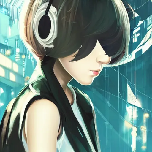 Image similar to Frequency indie album cover, luxury advertisement, white and teal colors. highly detailed post-cyberpunk sci-fi close-up schoolgirl in asian city in style of cytus and deemo, mysterious vibes, by Ilya Kuvshinov, by Greg Tocchini, nier:automata, set in half-life 2, beautiful with eerie vibes, very inspirational, very stylish, with gradients, surrealistic, postapocalyptic vibes, depth of filed, mist, rich cinematic atmosphere, perfect digital art, mystical journey in strange world, bastion game, arthouse