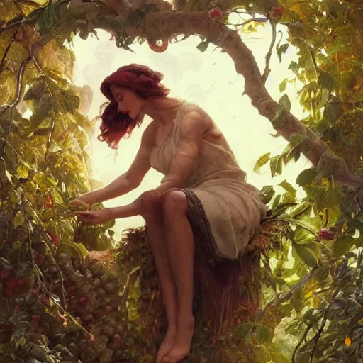 Image similar to eve eating fruit from the tree of knowedge of good and evil in the gardnen of eden, highly detailed, digital painting, artstation, concept art, smooth, sharp focus, illustration, artstation, art by artgerm, greg rutkowski, alphonse mucha, ilya repin and charlie bowater