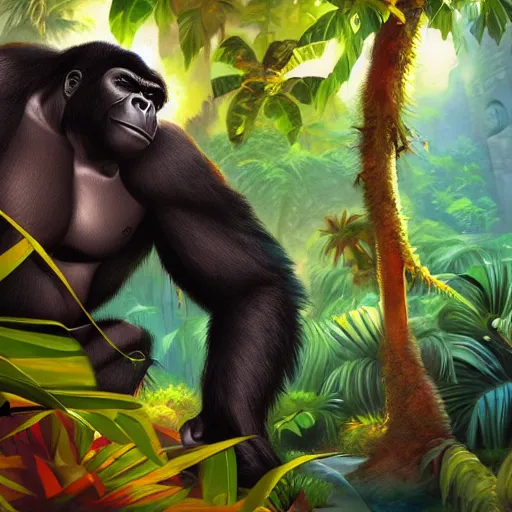 Prompt: swagger! gorilla living large in the jungle by tyler edlin, bold colors, detailed, incredible lighting, great composition, artstation