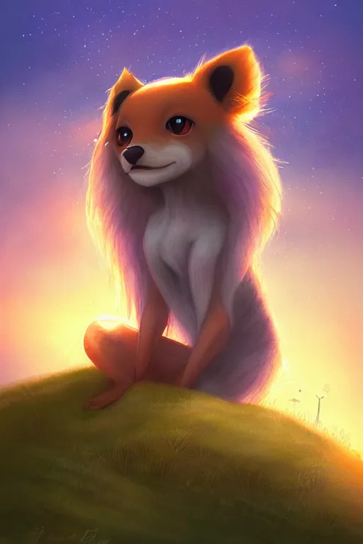 Prompt: cute growlithe sat alone on a hill looking at a beautiful dreamy hilly verdant landscape at sunset by Anna dittmann