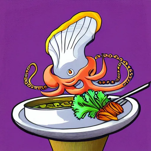 Image similar to occult anthropomorphic octopus chef cooking a delicious colorful soup, digital paintingl