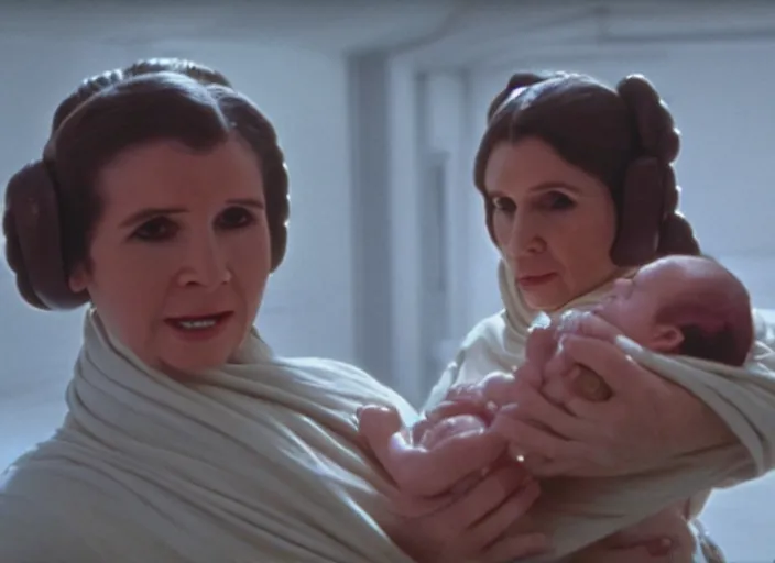 Image similar to screenshot of Princess Leia Organa holding a one newborn baby in a swaddle with Han Solo standing next to her, iconic scene from 1970s film directed by Stanley Kubrick, in a sci fi nursing home architecture, 4k HD sharp, cinematic lighting still frame, photoreal, detailed face, moody lighting, stunning cinematography, anamorphic lenses, kodak color film stock