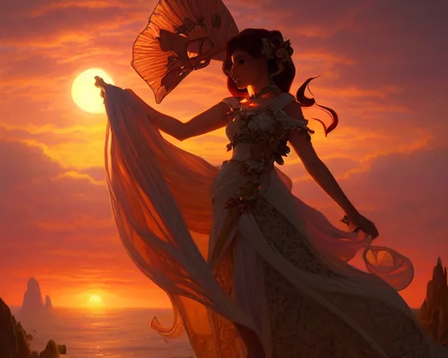 Image similar to a sunset but replace the sun for a flower , D&D, fantasy, intricate, elegant, highly detailed, digital painting, artstation, concept art, matte, sharp focus, illustration, hearthstone, art by Artgerm and Greg Rutkowski and Alphonse Mucha