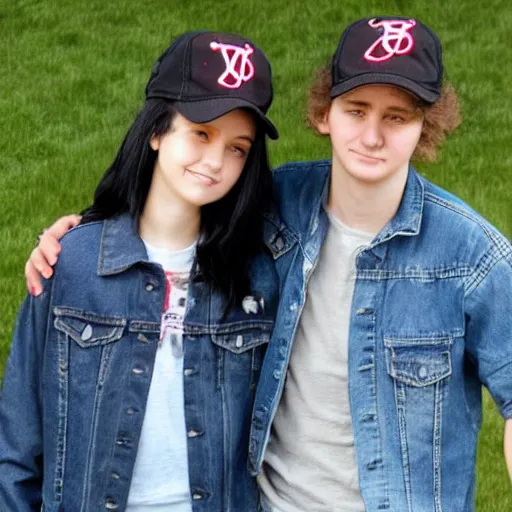 Image similar to 19-year-old girl, long shaggy black hair, wearing denim jacket and jeans, standing next to 18-year-old boy wearing backwards baseball cap and baggy jeans