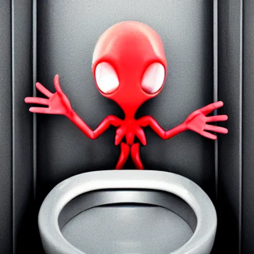 Image similar to alien holding a toilet plunger inside of a toilet stall