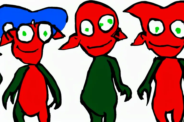 Image similar to red on green blue black simple colors white background simple ms paint doodle of group portrait of grey goblins looking funny looking smug