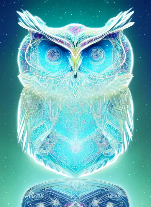 Image similar to symmetry!! product render poster vivid colors divine proportion owl, ice and snow, glowing fog intricate, elegant, highly detailed, digital painting, artstation, concept art, smooth, sharp focus, illustration,