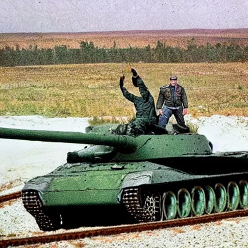 Image similar to medvedev rides a tank to georgia, photo in color