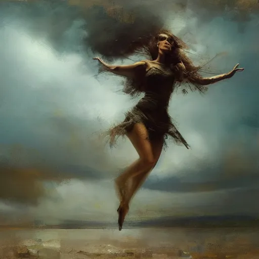 Image similar to painting of a beautiful surreal Harpey, dancing on a cloud, by Jeremy Mann and Jason Jenicke, detailed, stylized, loose brush strokes, intricate, realistic, exaggerated lighting, sense of scale, ferocious, sensual